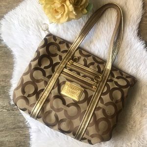 Coach Poppy Signature Op Art Glam Tote - Gold